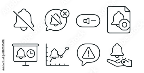 Line style icons of notifications management: no ping icon, mute chat badge, silent mode tag, stop alerts file, quiet period board, selective alerts chart, emergency only bubble, manual control