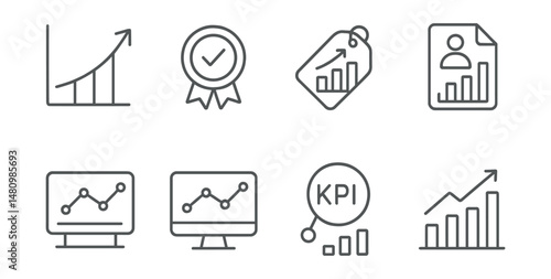 Line style icons of performance tracking: growth curve icon, metric tracker badge, sales report tag, customer stats file, monthly review board, performance dashboard chart, KPIs bubble, progress