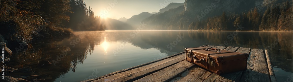 Fototapeta premium Vintage Suitcase on Wooden Dock by Misty Lake with Sunrise Glow and Mountain Reflections