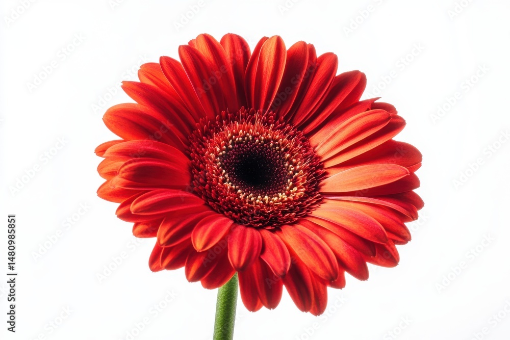 A vibrant red gerbera flower with a dark center stands out against a white background A vibrant red gerbera flower with a dark center stands out against a white background