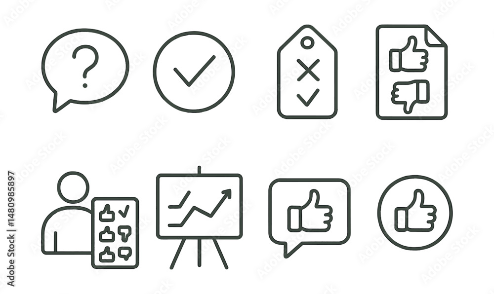 Line style icons of opinion voting: quick question icon, public poll badge, simple choice tag, feedback request file, user opinion board, vote on topic chart, immediate feedback bubble, informal vote Line style icons of opinion voting: quick question icon, public poll badge, simple choice tag, feedback request file, user opinion board, vote on topic chart, immediate feedback bubble, informal vote