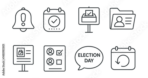Line style icons of election preparation: registration reminder icon, voting schedule badge, polling station tag, voter ID file, election guide board, candidate list chart, election day bubble, vote