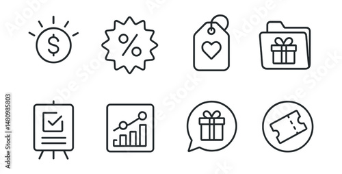 Line style icons of incentive for surveys: reward icon, discount badge, thank-you note tag, free gift file, survey incentive board, bonus points chart, participation gift bubble, prize draw symbol.