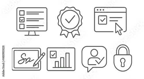 Line style icons of online voting tools: web poll icon, vote platform badge, browser access tag, submit online file, digital signature board, poll results chart, online voter bubble, secure voting