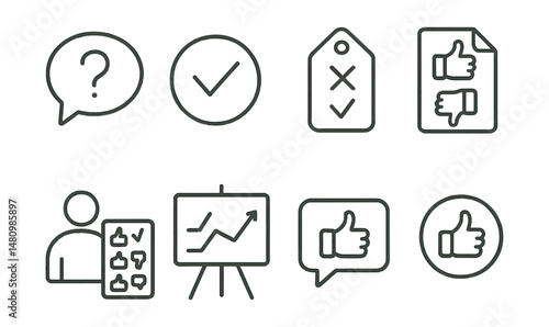Line style icons of opinion voting: quick question icon, public poll badge, simple choice tag, feedback request file, user opinion board, vote on topic chart, immediate feedback bubble, informal vote