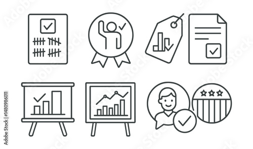Line style icons of election results: vote tally icon, winner declared badge, exit poll tag, final count file, margin of victory board, national results chart, declared winner bubble, election