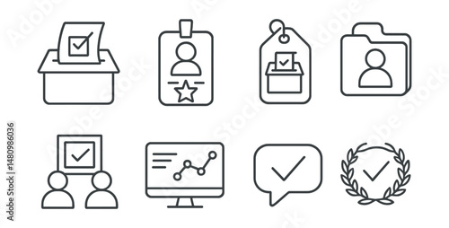 Line style icons of election transparency: open ballot icon, public access badge, transparent count tag, election observer file, trusted officials board, monitoring chart, fair process bubble, clean