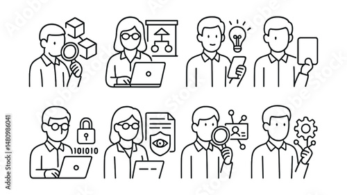 Line style icons of blockchain careers: blockchain researcher, academic researcher on decentralization, Web3 innovation scout, zero-knowledge proof scientist, cryptography expert, privacy researcher