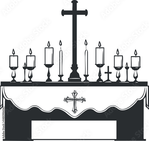 Black and white illustration of a church altar with lit candles and crosses on a decorated altarcloth for religious worship.