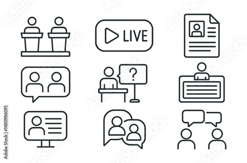 Line style icons of election debates and forums: debate stage icon, live broadcast badge, candidate discussion tag, public forum file, voter questions board, moderated debate chart, candidate