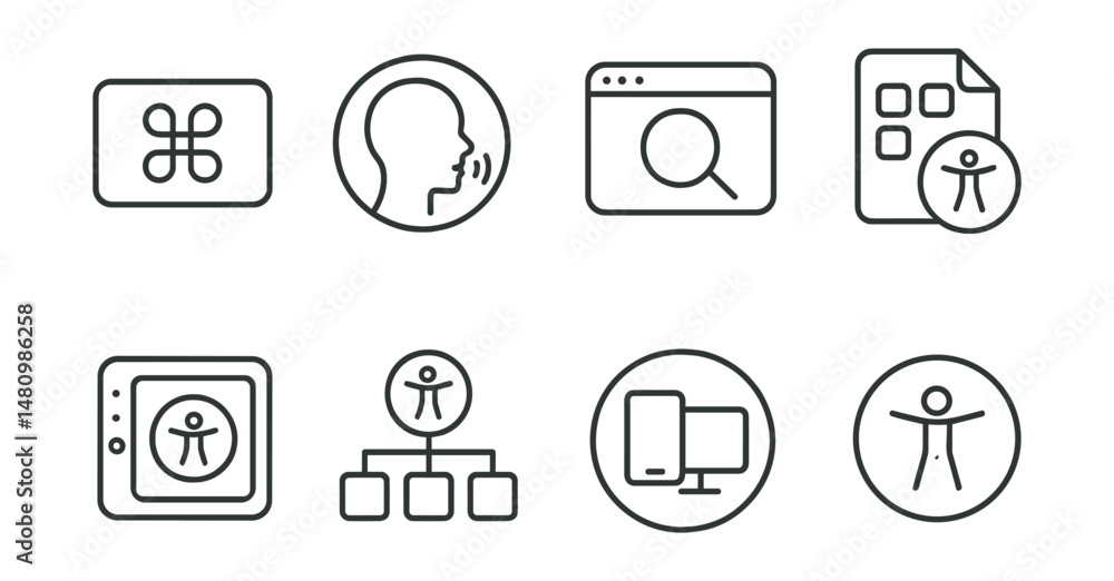 Line style icons of digital accessibility: keyboard shortcut icon, voice control badge, screen zoom tag, accessible apps file, assistive technology board, simple navigation chart, device Line style icons of digital accessibility: keyboard shortcut icon, voice control badge, screen zoom tag, accessible apps file, assistive technology board, simple navigation chart, device