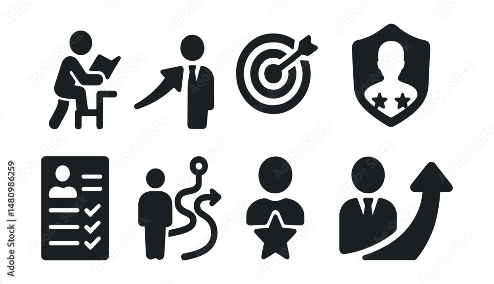 Solid style icons of career growth: training ladder, promotion arrow, goal target, mentor badge, feedback form, career path, personal branding, upskill icon. Solid style icons of career growth: training ladder, promotion arrow, goal target, mentor badge, feedback form, career path, personal branding, upskill icon.