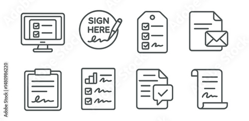 Line style icons of petitions and signatures: online petition icon, sign here badge, paper form tag, email request file, action letter board, voting signatures chart, document submit bubble, legal
