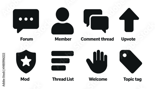 Solid style icons of online communities: forum bubble, member icon, comment thread, upvote arrow, mod badge, thread list, welcome icon, topic tag.