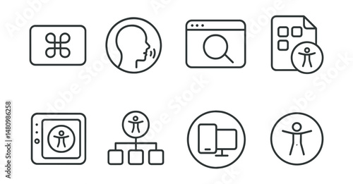 Line style icons of digital accessibility: keyboard shortcut icon, voice control badge, screen zoom tag, accessible apps file, assistive technology board, simple navigation chart, device