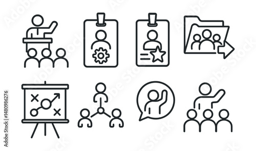 Line style icons of community organization: meeting leader icon, planning committee badge, event organizer tag, group outreach file, strategy session board, collaboration chart, volunteer bubble,