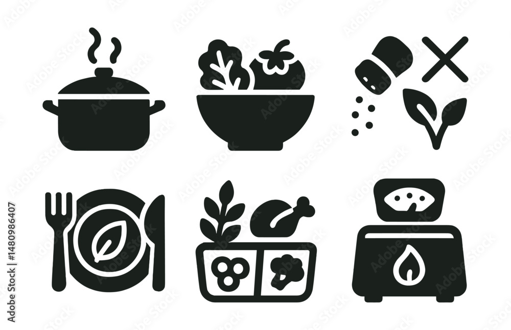 Solid style icons of healthy cooking: steaming pot, salad bowl, whole grain icon, low salt, vegan plate, portion control, meal prep box, calorie scale. Solid style icons of healthy cooking: steaming pot, salad bowl, whole grain icon, low salt, vegan plate, portion control, meal prep box, calorie scale.