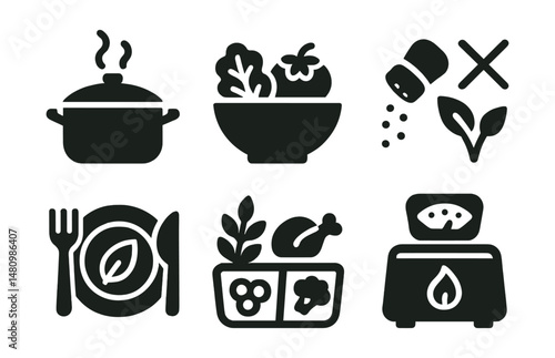 Solid style icons of healthy cooking: steaming pot, salad bowl, whole grain icon, low salt, vegan plate, portion control, meal prep box, calorie scale.