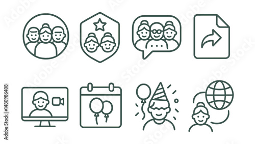 Line style icons of social networks for seniors: senior community icon, online friends badge, group chat tag, social sharing file, video call board, event invites chart, virtual party bubble, stay
