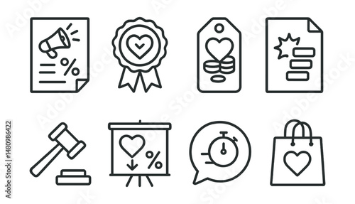 Line style icons of sales event for charity: sale poster icon, donation event badge, fundraising items tag, special offer file, auction item board, discount for donation chart, limited-time bubble,