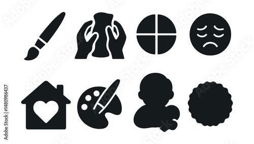 Solid style icons of art therapy: paint brush, clay hands, color emotion chart, expressive face, safe space icon, healing art, inner child, workshop badge.
