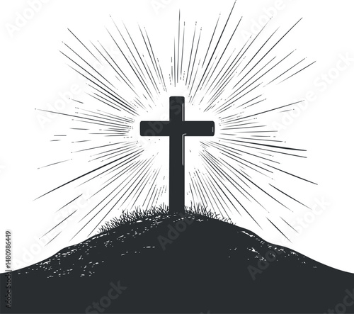 Silhouette of a Christian cross on a hill with radiant light rays symbolizing faith and spirituality