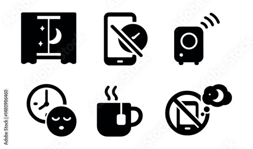 Solid style icons of sleep hygiene: dark room, blue light block, bedtime icon, noise machine, sleep schedule, warm tea, no phone zone, dream tracker.