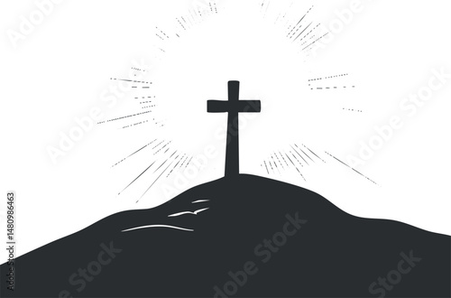 Silhouette of a cross on a hill with radiant sunburst light symbolizing faith and spirituality