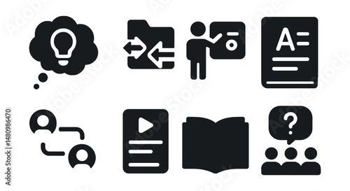 Solid style icons of knowledge sharing: idea cloud, shared folder, explainer icon, knowledge base, mentorship link, tutorial card, wiki page, group Q&A.