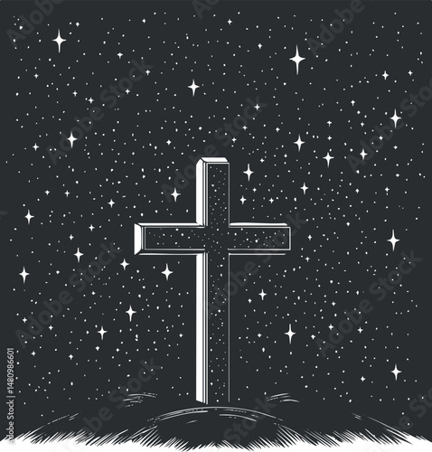 A white cross standing on a hill under a star-filled night sky symbolizing faith and spirituality.