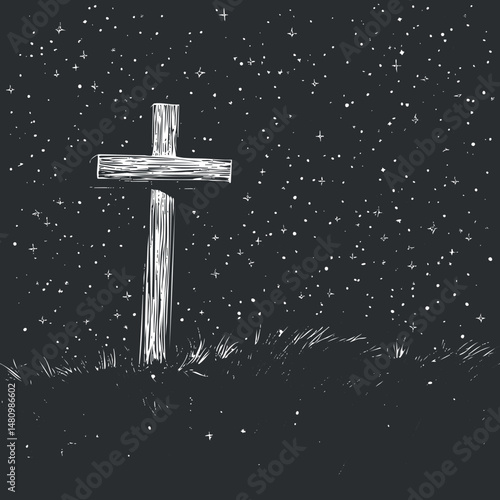 Wooden cross standing on grassy hill under a starry night sky symbolizing faith and spirituality