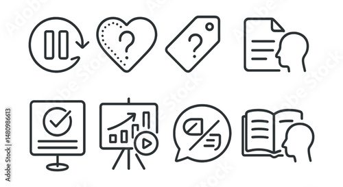 Line style icons of digital literacy checkpoints: pause before repost icon, “does it help?” badge, who benefits tag, reflect before share file, check facts board, media prompt chart, bias awareness