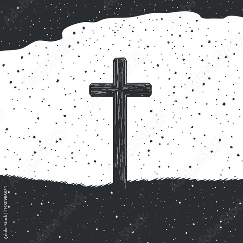 Wooden cross silhouette standing on a grassy hill under a starry night sky in a cemetery scene