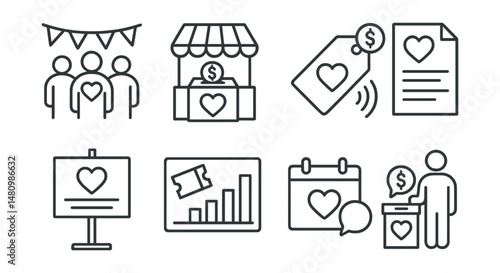 Line style icons of event-based charity sales: charity event icon, fundraising booth badge, live donation event tag, donation collection file, event promo board, ticket sale chart, event calendar