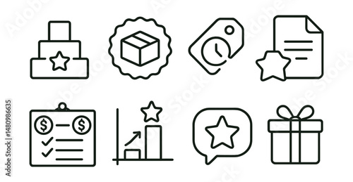 Line style icons of reward-based crowdfunding: reward levels icon, product preview badge, early access tag, exclusive content file, donor perks board, special edition chart, VIP access bubble, backer