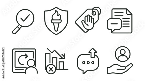Line style icons of repost responsibility: “check first” icon, signal the truth badge, own your share tag, call-in comment file, peer repost board, remove false post chart, share truth bubble,