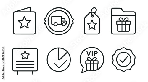 Line style icons of reward fulfillment: thank you card icon, shipped product badge, exclusive delivery tag, reward package file, backer recognition board, fulfillment status chart, VIP package bubble