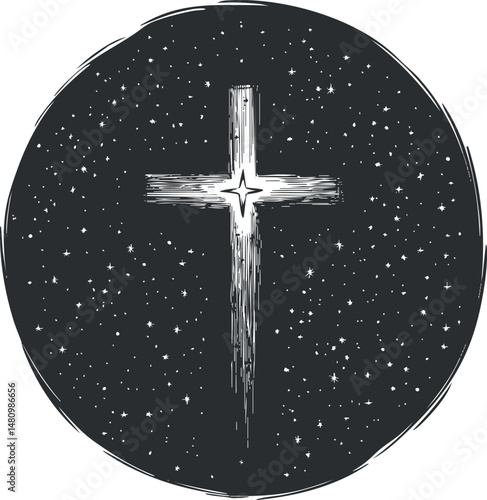 Illustration of a glowing cross shaped star shining brightly in a dark starry night sky circle