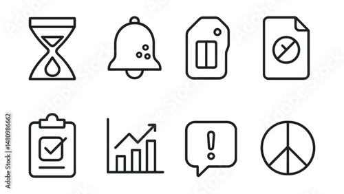 Line style icons of focused use design: attention filter icon, batch notification badge, pause toggle tag, screen-free hours file, check-once board, daily digest chart, alert preview bubble, digital