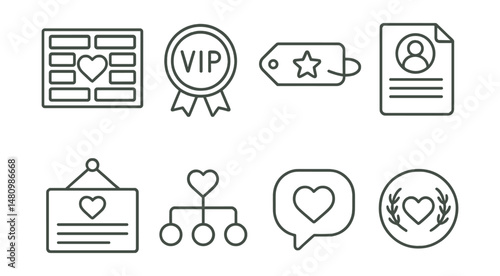 Line style icons of donor recognition: donor wall icon, VIP backer badge, exclusive mention tag, founder circle file, backer acknowledgment board, recognition chart, thank-you shout bubble, supporter
