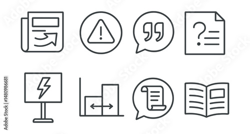 Line style icons of headline literacy: headline trick icon, all caps alert badge, partial quote tag, context missing file, shock word board, compare title chart, scroll and read bubble, full story