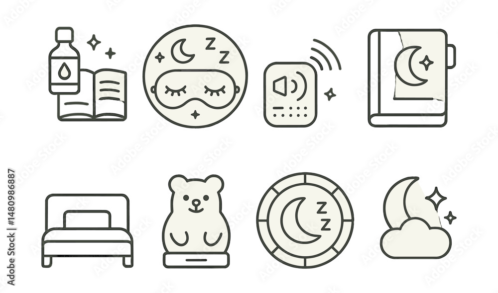 Line style icons of relaxation for sleep: bedtime routine icon, sleep mask badge, white noise tag, sleep journal file, comfortable bed board, nightlight chart, sleep tracker bubble, restful night Line style icons of relaxation for sleep: bedtime routine icon, sleep mask badge, white noise tag, sleep journal file, comfortable bed board, nightlight chart, sleep tracker bubble, restful night