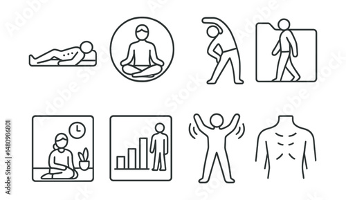 Line style icons of body relaxation techniques: progressive muscle relaxation icon, yoga poses badge, soothing stretch tag, gentle movement file, quiet time board, body release chart, tension release