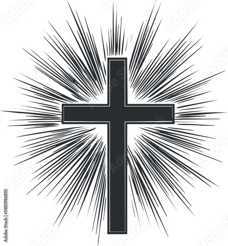 Black Christian cross with radiant light rays background symbolizing faith and spirituality