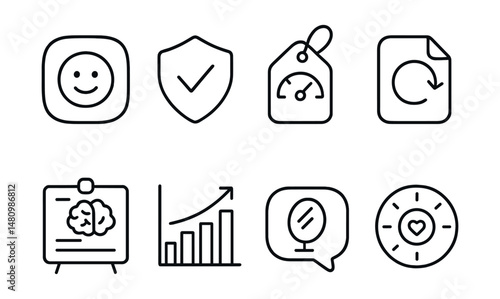 Line style icons of self-regulation support apps: “how I feel” icon, adjust plan badge, plan to slow tag, regulate with app file, build calm board, awareness boost chart, reflect with tool bubble,