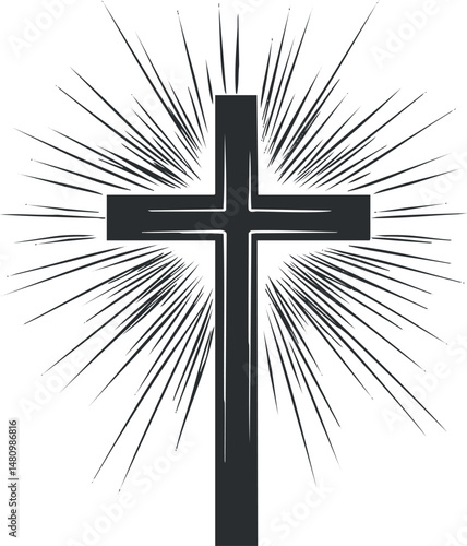 Black silhouette of a Christian cross with radiant light rays symbolizing faith and spirituality