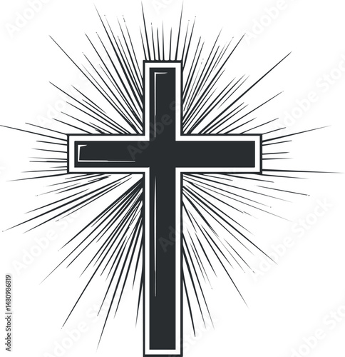 Black Christian cross illustration with radiant light rays shining behind, symbolizing faith and spirituality