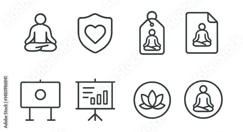 Line style icons of meditation types: mindful sitting icon, loving-kindness badge, body scan tag, guided meditation file, focus chant board, stillness chart, zen bubble, meditate symbol.