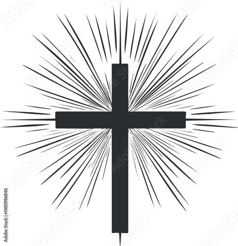 Black silhouette of a Christian cross with radiating rays symbolizing faith and spirituality