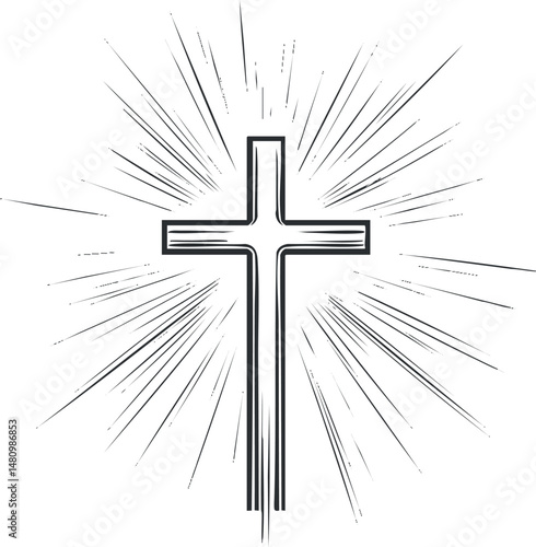 Black and white illustration of a Christian cross with radiant light rays symbolizing faith and spirituality.